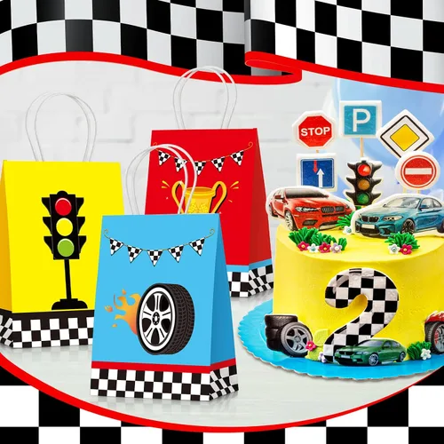 Miniatura 2 de Nezyo 24 bolsas de recuerdo de fiesta de auto de carreras, suministros de fiesta de cumpleaños, bolsas de regalo con asas para bandera a cuadros
