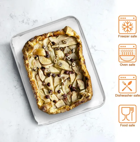 Miniatura 4 de E-far - Juego de 2 bandejas pequeñas para hornear, horno tostador de acero inoxidable de 9.4 x 7.3 pulgadas con 50 papeles pergaminos, mini bandeja