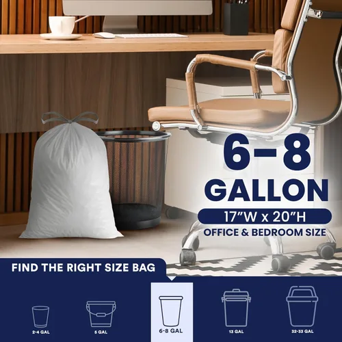Miniatura 3 de Plasticplace Bolsas de basura de 6 galones blancas con cordón, forros para bote de basura, 17” x 20”, 100 unidades, para baño, cocina, oficina