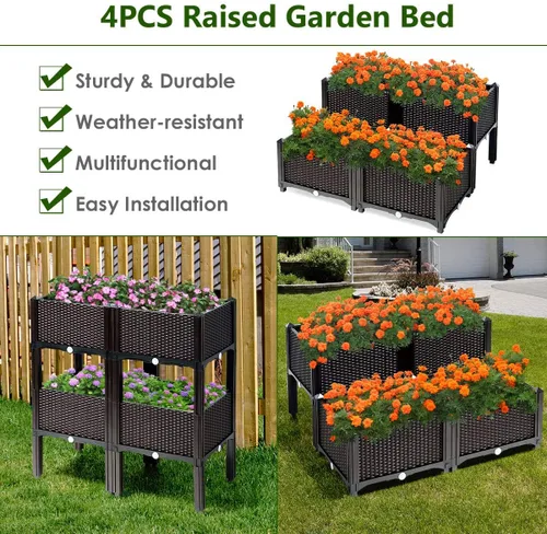 Miniatura 2 de Giantex Cama de jardín elevada, juego de 4 macetas elevadas con agujeros de drenaje para frutas y verduras, caja de plantación elevada al aire libre