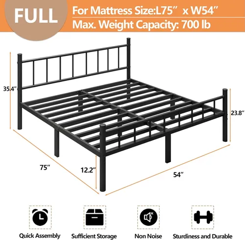 Miniatura 2 de zizin Estructura de cama de metal tamaño completo con cabecera y pie de cama, plataforma de metal de 14 pulgadas, base de colchón con listones