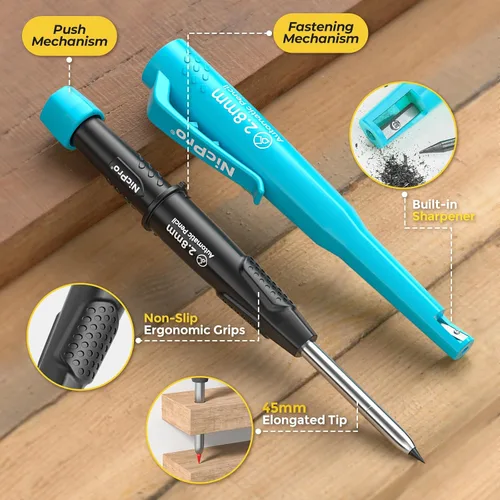 Miniatura 2 de Nicpro Lápiz de carpintero con sacapuntas, lápices mecánicos de carpintero CP3000 con 19 recargas, marcador de agujero profundo para construcción