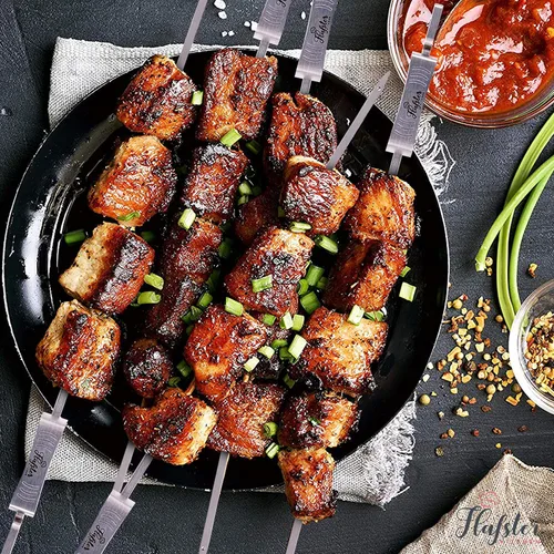 Miniatura 6 de FLAFSTER KITCHEN - Brochetas de barbacoa para asar – Palos de Kebab planos de acero inoxidable de 16 pulgadas con barra de empuje, brochetas