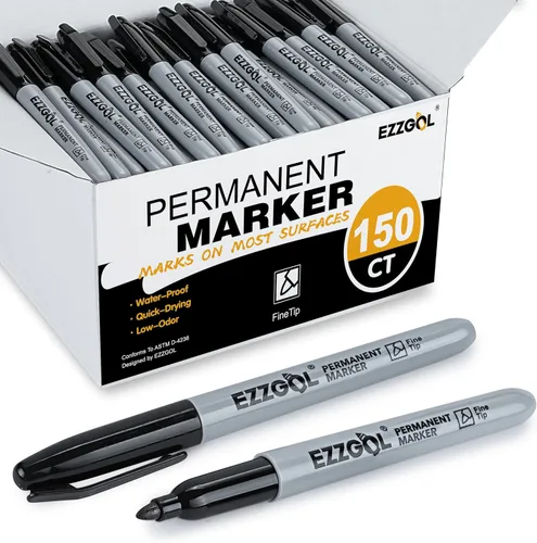 Ezzgol - Marcadores permanentes a granel, 150 unidades de marcadores permanentes de punta fina negros, marcadores impermeables, bolígrafos premium a