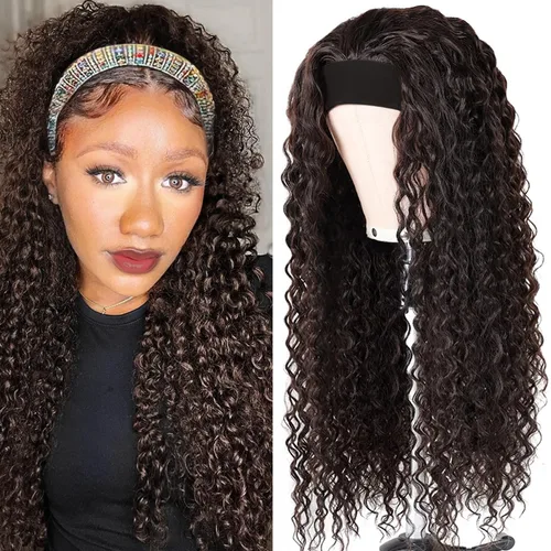 Miniatura 14 de Peluca de cabello humano con diadema de ondas profundas, sin pegamento, pelucas de cabello rizado sin encaje frontal, pelucas de cabello humano
