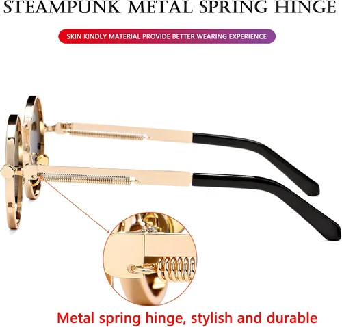 Miniatura 5 de AIEYEZO Gafas de sol redondas Steampunk con montura de metal gótico, 100% bloqueo UV