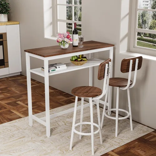 Miniatura 3 de LUMISOL Juego de mesa de barra de 3 piezas con almacenamiento para 2, moderno juego de mesa de comedor de metal con 2 taburetes, ahorra espacio