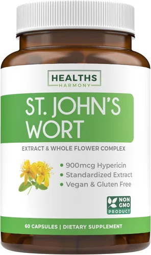 Cápsulas de hierba de San Juan, potente y potente, extracto de hierba de San Juan y complejo de hierbas enteras estandarizado a 900 mcg de