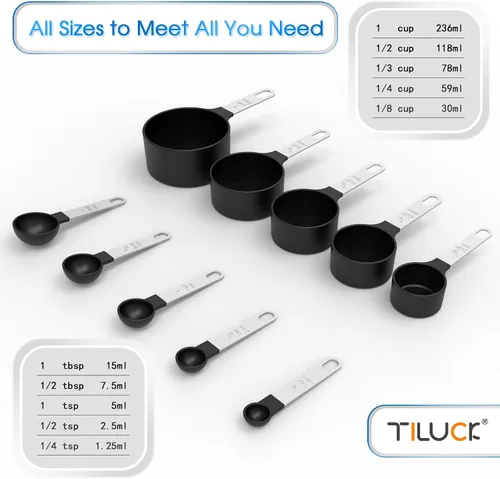 Miniatura 3 de TILUCK Juego de tazas y cucharas medidoras, tazas y cucharas apilables, tazas medidoras anidables con mango de acero inoxidable, accesorios de Negro