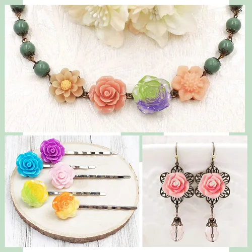 Miniatura 6 de Craftdady 75 cabujones de resina que brillan en la oscuridad, 15 estilos de cuentas de flores con parte trasera plana, adornos florales sin