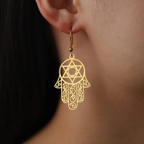 Miniatura 2 de Hamsa - Aretes hexagonales de mano de Fátima con estrella de David contra el mal de ojo, nudo celta judío, protección para mujer, amuleto