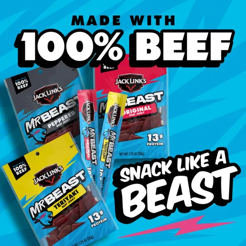 Miniatura 4 de Jack Link's x MrBeast - Paquete variado de carne seca y palitos – Original, condimentado y teriyaki – Snacks de proteína de carne real listos