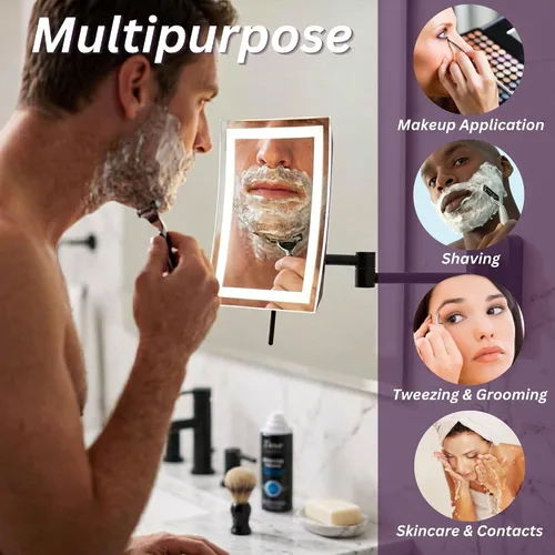Miniatura 6 de JERDON Espejo de maquillaje rectangular para montaje en pared con aumento 5X, espejo de maquillaje de alambre directo con luces LED, negro mate