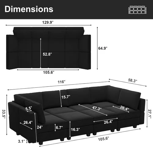 Miniatura 2 de Belffin Sofá Seccional Modular con Chaises de Almacenamiento Sofá Cama Seccional de 8 Asientos Negro