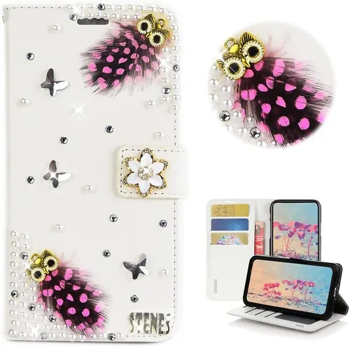 Miniatura 11 de Bling Wallet - Funda de piel compatible con iPhone 11, elegante, hecha a mano en 3D, diseño de mariposas y purpurina, color blanco