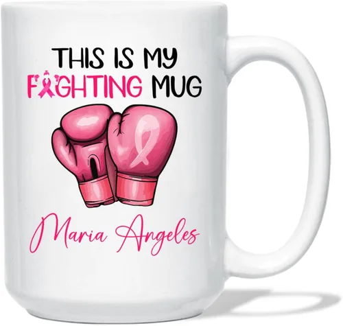 Miniatura 11 de Taza de café de concientización sobre el cáncer de mama con nombre personalizado, taza de café de 11 onzas, taza de té de cerámica blanca