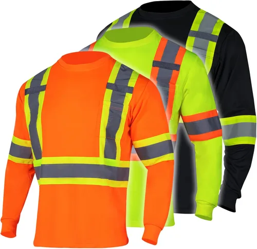 FONIRRA Paquete de 3 camisetas de seguridad de manga larga reflectantes de alta visibilidad, camisas de trabajo de construcción ANSI Clase 3 para