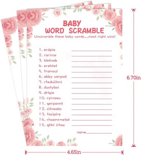 Miniatura 3 de OLOUTAB 50 Juegos de Baby Shower para Niña - Juego de Palabras con Tema Floral, Cartulina Gruesa, Divertido y Fácil de Jugar (Con Respuesta)