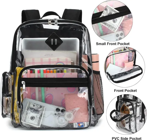 Miniatura 2 de Fuyicat Mochila transparente resistente para niñas, niños, mujeres y hombres, mochila escolar transparente de PVC transparente (negro)