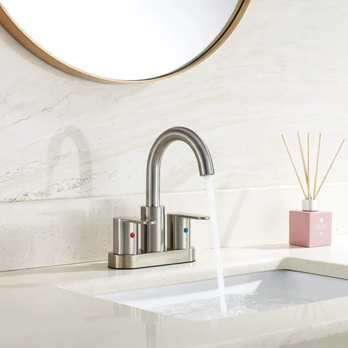 Miniatura 3 de TimeArrow Grifo de Lavabo de Baño Centerset de 2 Manijas Níquel Cepillado con Ensamblaje de Desagüe, Arco Alto Moderno de 4 Pulgadas Grifo de Níquel