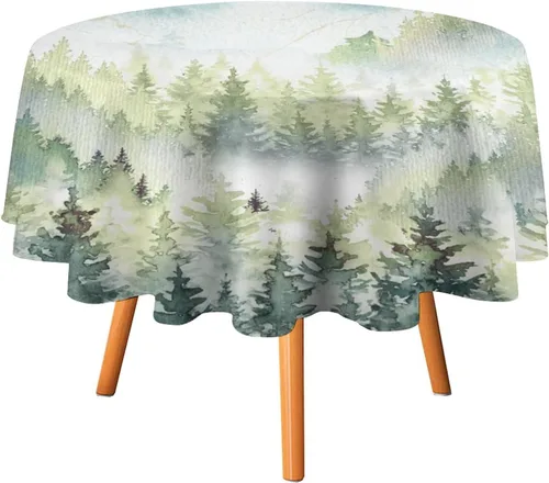 Mantel redondo de montaña con bosque brumoso, acuarela, verde brumoso, rústico, paisaje, pájaros, naturaleza, arte, para interiores y exteriores,