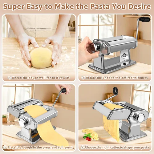 Miniatura 7 de Máquina para hacer pasta, rodillo de pasta con 7 ajustes de grosor y cortador 2 en 1, máquina de pasta de acero inoxidable para espaguetis