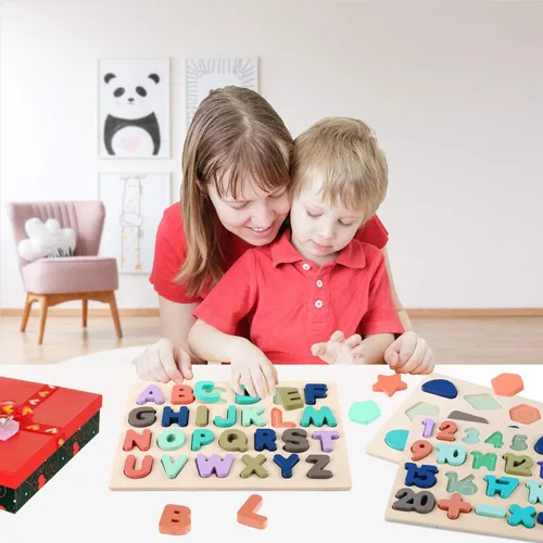 Miniatura 5 de Rompecabezas de madera para niños pequeños, rompecabezas de madera con forma de números del alfabeto, juguetes de aprendizaje para niños de 3, 4, 5