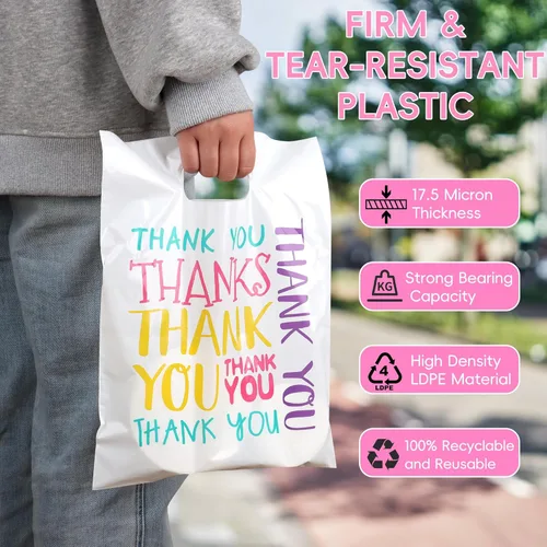 Miniatura 3 de Bolsas de plástico con texto en inglés "Thank You", 9 x 12 pulgadas, coloridas bolsas de regalo pequeñas con mango troquelado, paquete de 100 bolsas