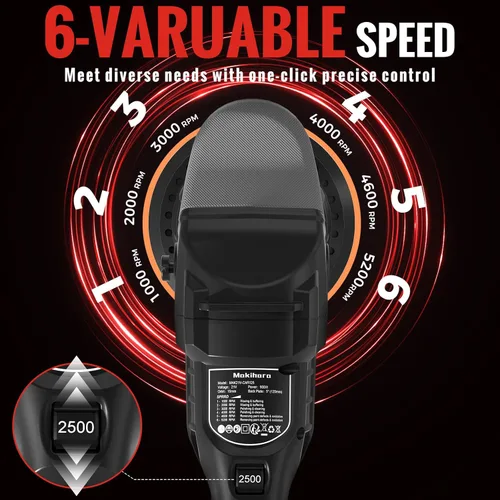 Miniatura 2 de Pulidora de almohadillas inalámbrica de 5 pulgadas, pulidora orbital aleatoria para automóvil, 6 velocidades variables de 1000-5200 RPM
