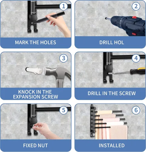 Miniatura 4 de Toallero giratorio, toallero de 12.6 pulgadas con rotación de 180° montado en la pared, 5 brazos de acero inoxidable SUS 304, ahorro de espacio