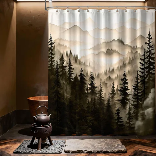 Miniatura 36 de Cortina de ducha azul marino de bosque Cortina de ducha azul oscuro de montaña y naturaleza para decoración de baño de hombres, tela impermeable