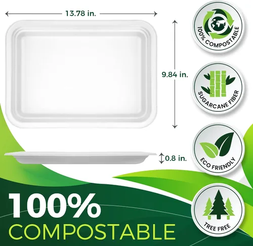 Miniatura 2 de Paquete de 50 bandejas rectangulares desechables de 14 pulgadas, platos de papel compostables extra grandes para servir cangrejos, langostas, Blanco