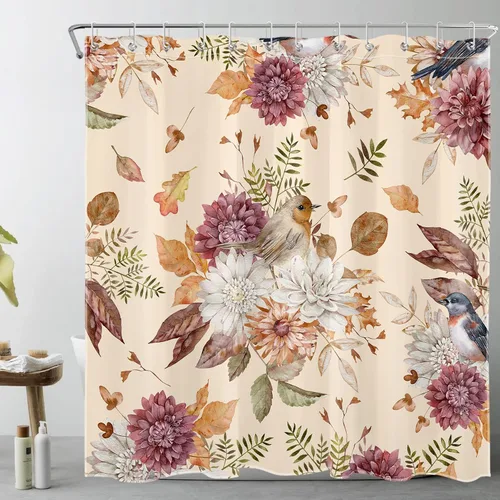 Miniatura 14 de LB Cortina de ducha de flores blancas y moradas para baño, lindo pájaro y hojas de otoño sobre tela beige con ganchos, juego botánico floral