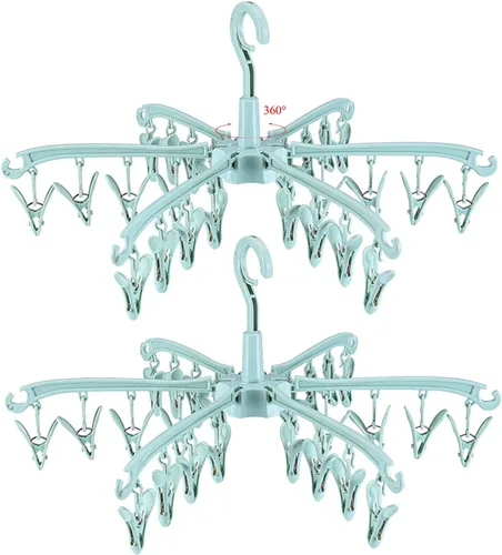 Estante de secado plegable con 24 clips para secar calcetines, ropa de bebé, toallas de secado giratorias, 2 piezas (verde)