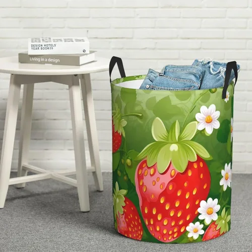 Miniatura 8 de Strawberry and flower print Circular Hamper Waterproof Storage Bin Organizer Basket Laundry Hamper With Handles For Clothes Toys Medium