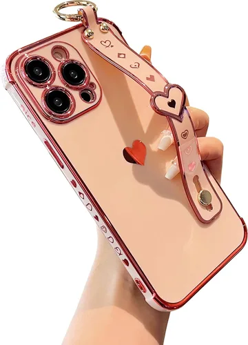 Miniatura 12 de DEFBSC Funda compatible con iPhone 15, con borde galvanizado, diseño de corazón con correa para la muñeca, protección completa de la cámara