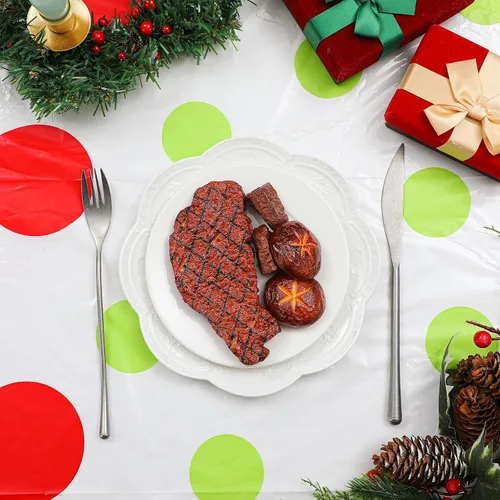 Miniatura 7 de Hosuly Rollo de mantel de Navidad de 100 pies x 40 pulgadas con lunares rojo y verde, mantel rectangular desechable de plástico para invierno
