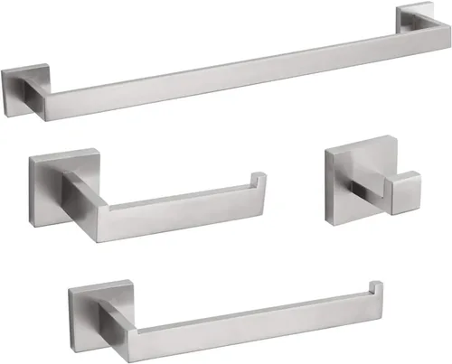 Juego de accesorios de baño de 4 piezas, toallero, toallero, soporte para papel higiénico, ganchos para toallas, ganchos modernos cuadrados de acero