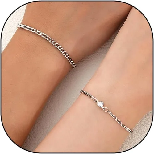 Delicadas 2 pulseras de plata para parejas, cadena cubana minimalista con corazón de cristal, pulsera de acero inoxidable a juego, accesorio de
