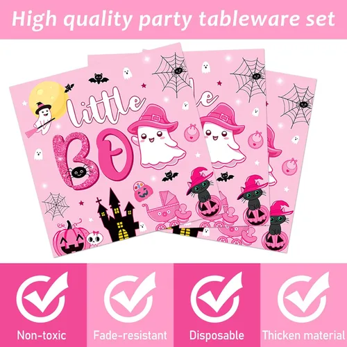 Miniatura 4 de ZOIIWA Juego de vajilla desechable de 96 piezas para fiesta de Halloween Little Boo Baby Shower para niñas, suministros de fiesta de fantasmas