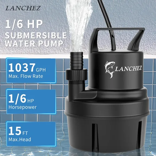 Miniatura 2 de LANCHEZ Bomba de sumidero 1/6 HP 1037 GPH Bomba de agua sumergible termoplástica portátil bomba de baja succión para piscina, jardín, estanque