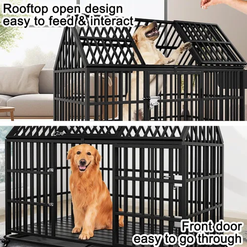 Miniatura 4 de Jaula para perros de 58 pulgadas, resistente a prueba de escapes, para perros grandes, jaula para perros de alta ansiedad con bandejas y ruedas