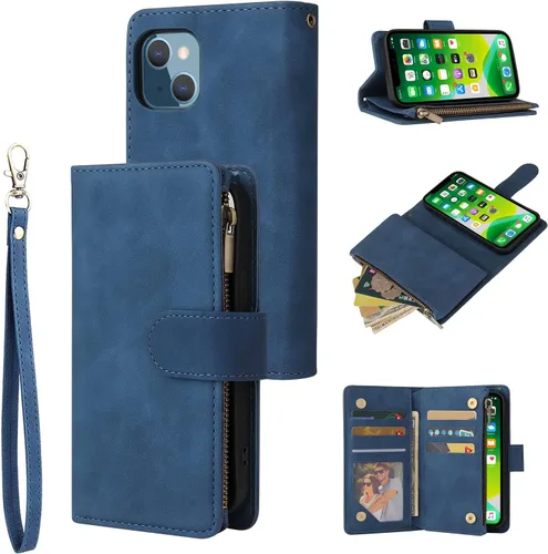 Miniatura 11 de UEEBAI Funda para iPhone 13 de 6.1 pulgadas, Cartera de piel sintética retro a prueba de golpes con función de soporte de ranuras para tarjetas