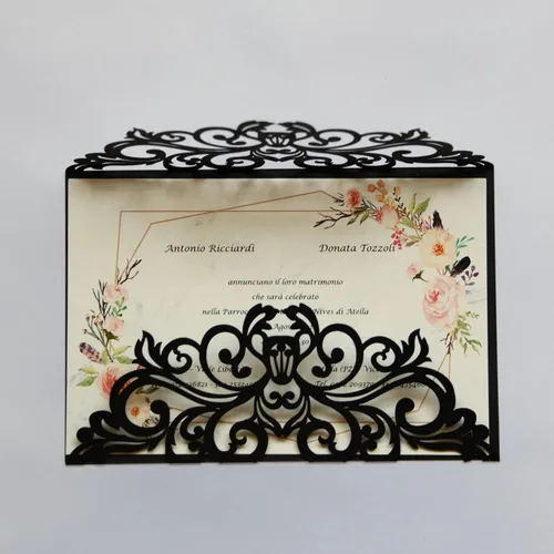 Miniatura 12 de 25 piezas de tarjetas de invitaciones de boda cortadas con láser con purpurina verde con sobres, hojas interiores en blanco, cintas