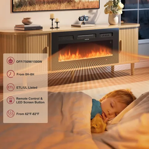 Miniatura 3 de MXV Soporte de TV con chimenea estriada de 70 ″, soporte de TV moderno de mediados de siglo con chimenea de 36 pulgadas para televisores de hasta 80