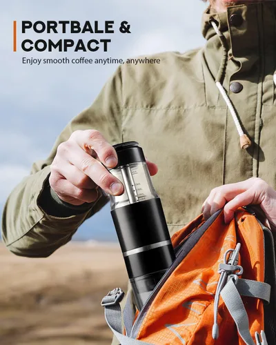 Miniatura 2 de Cafetera portátil para viajes y campamento, máquinas de café ligeras de viaje, operadas manualmente, compatible con café molido y cápsulas NS negro