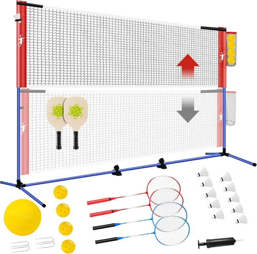 Miniatura 10 de Juego de red de bádminton de pickleball para patios traseros, juego combinado de voleibol portátil todo en uno con red ajustable, palas de voleibol