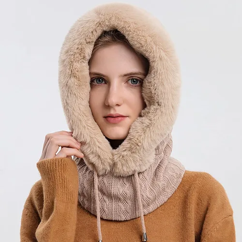 Miniatura 2 de Gorro de forro polar holgado de una pieza para mujer, bufanda con capucha, pasamontañas, cálido invierno, resistente al viento, con cordón