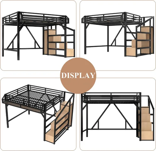 Miniatura 6 de Bellemave Cama tipo loft de metal tamaño Queen con escaleras de almacenamiento, estantes y armario, marco de cama tipo loft tamaño Queen con luces