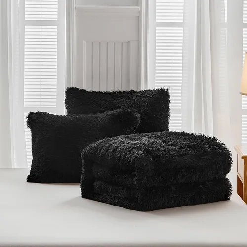 Miniatura 9 de UOZZI BEDDING - Juego de edredón de pelo sintético negro, tamaño Queen, 3 piezas, 1 edredón afelpado negro de 90x90 y 2 fundas de almohada, ultra